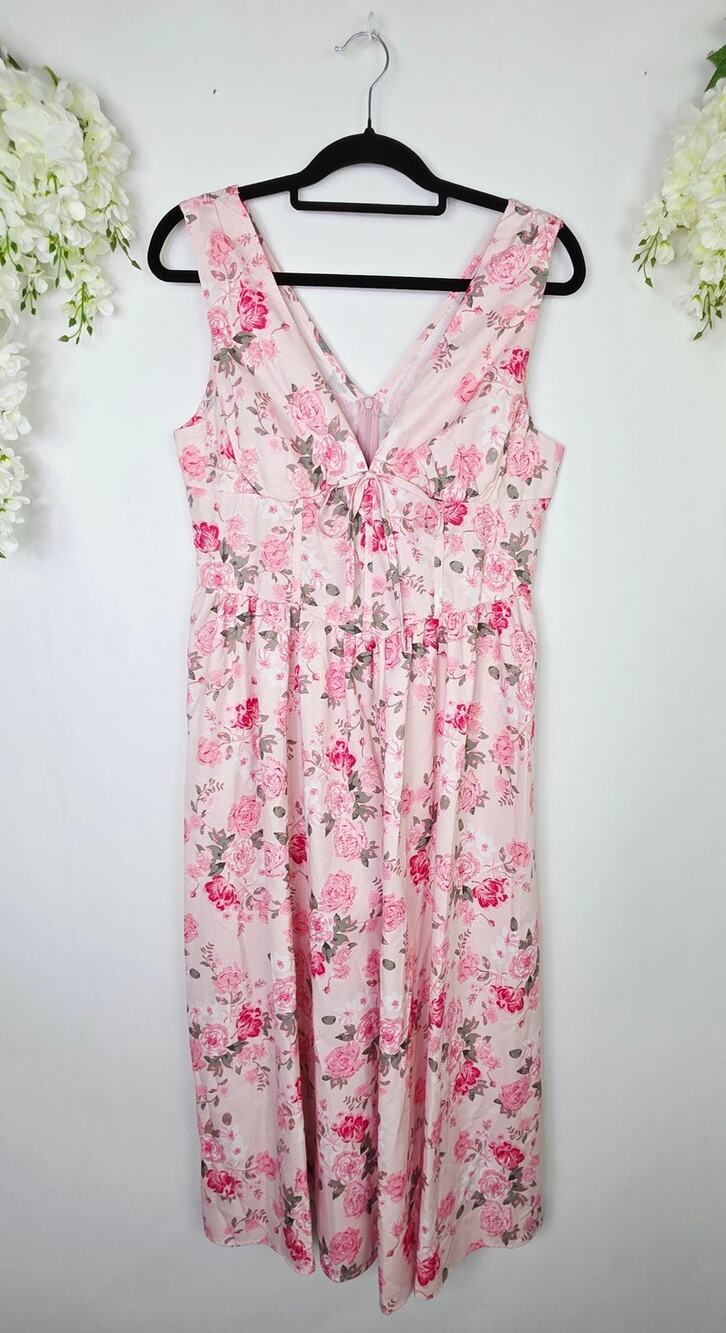 Corset Style Madi Dress Size Large Pink Floral Tie Front Cottagecore Coquette